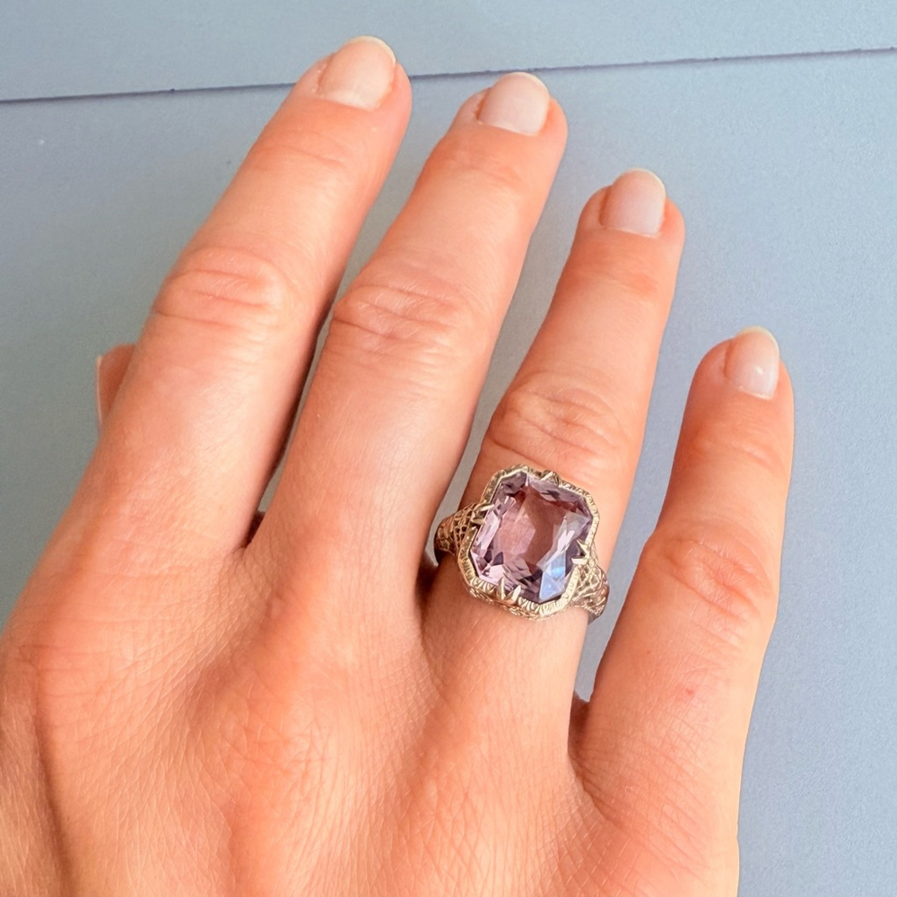 Estate 14K White Gold Antique Art Deco 5 CT Emerald Cut Amethyst Ring - Picture 5 of 13